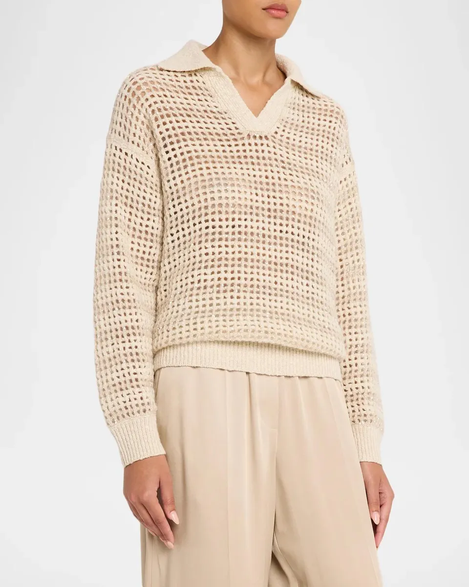 Brunello Cucinelli Wool-Mohair Diamante Striped Net Knit Collared Sweater | Thumbnail 4