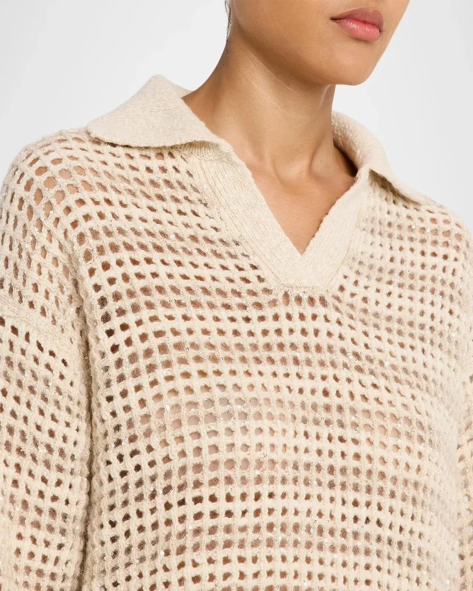 Brunello Cucinelli Wool-Mohair Diamante Striped Net Knit Collared Sweater | Thumbnail 5