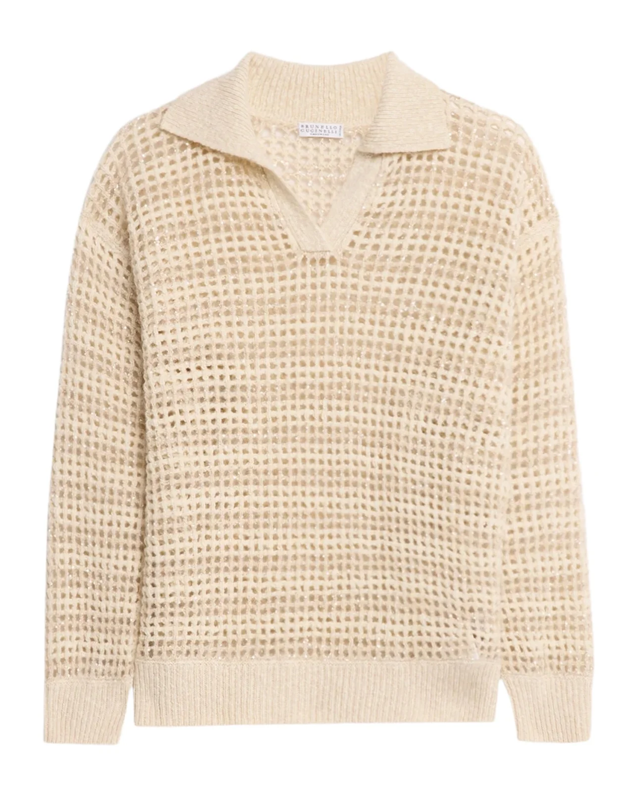 Wool-Mohair Diamante Striped Net Knit Collared Sweater Wool-Mohair Diamante Striped Net Knit Collared Sweater