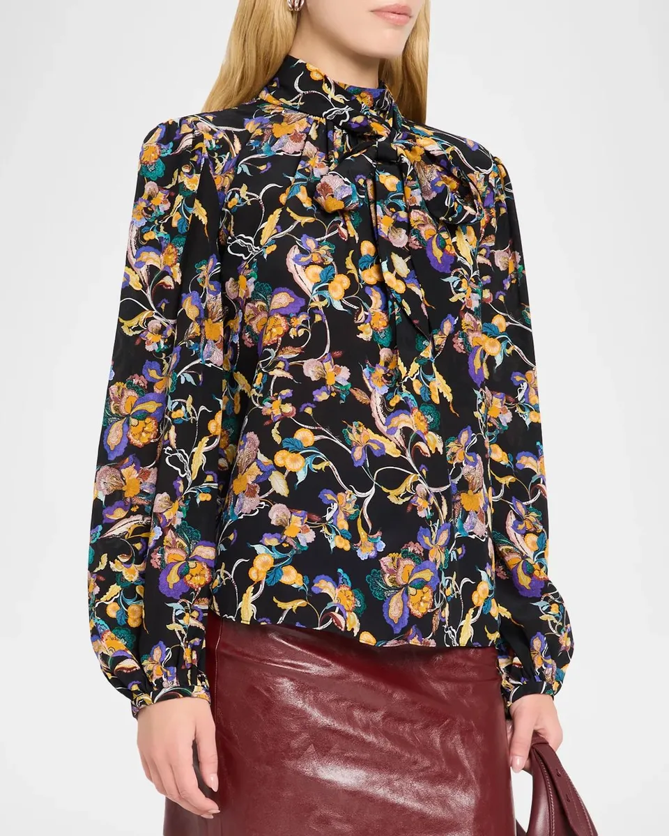 Adam Lippes Joan Floral Silk Crepe De Chine Bow Neck Top | Thumbnail 4 Adam Lippes Joan Floral Silk Crepe De Chine Bow Neck Top | Thumbnail 4