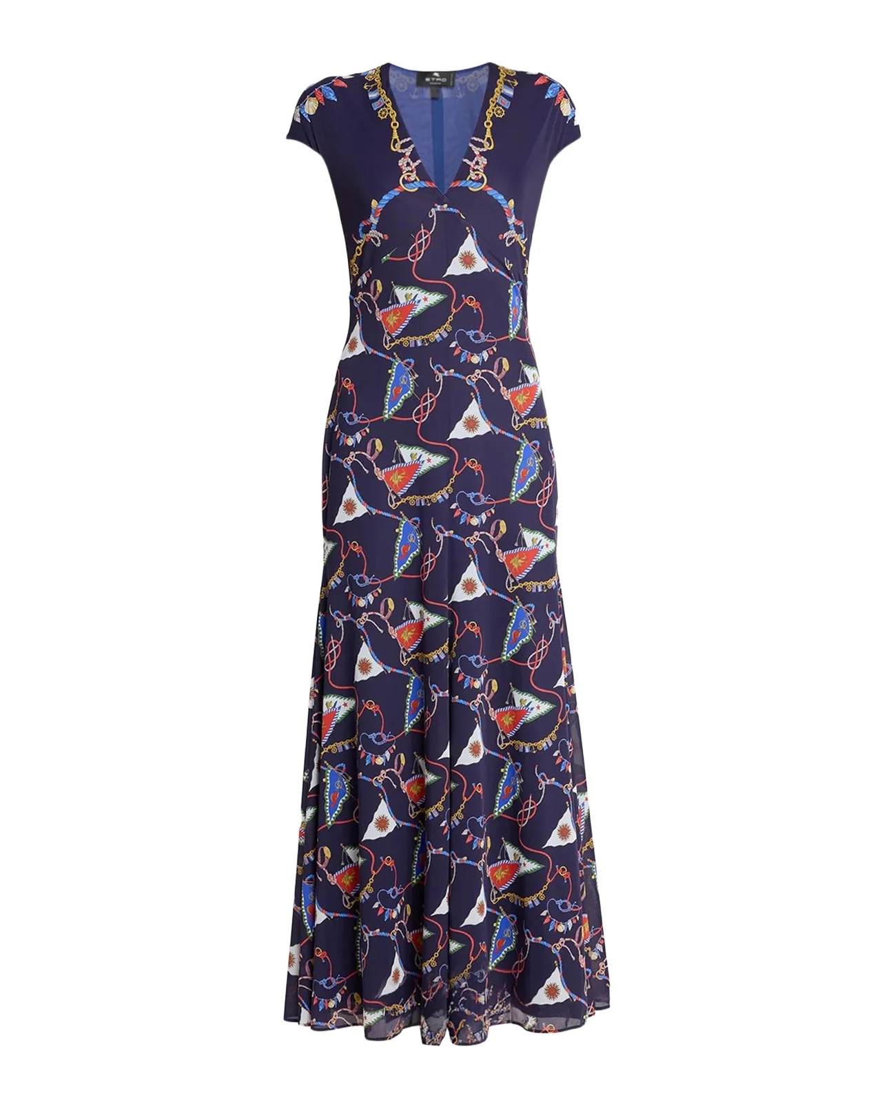 Nautical Print Jersey Cap-Sleeve Maxi Dress