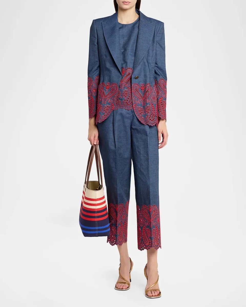 Etro Eyelet Embroidered Chambray Straight-Leg Crop Trousers | Thumbnail 2 Etro Eyelet Embroidered Chambray Straight-Leg Crop Trousers | Thumbnail 2
