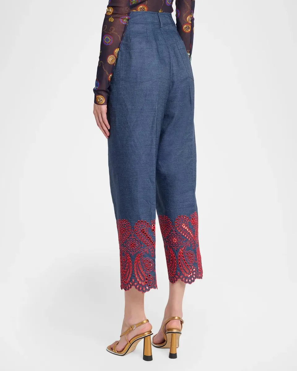Etro Eyelet Embroidered Chambray Straight-Leg Crop Trousers | Thumbnail 3 Etro Eyelet Embroidered Chambray Straight-Leg Crop Trousers | Thumbnail 3