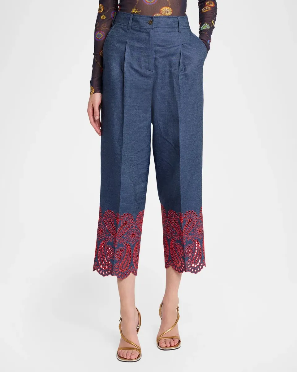 Etro Eyelet Embroidered Chambray Straight-Leg Crop Trousers | Thumbnail 4 Etro Eyelet Embroidered Chambray Straight-Leg Crop Trousers | Thumbnail 4