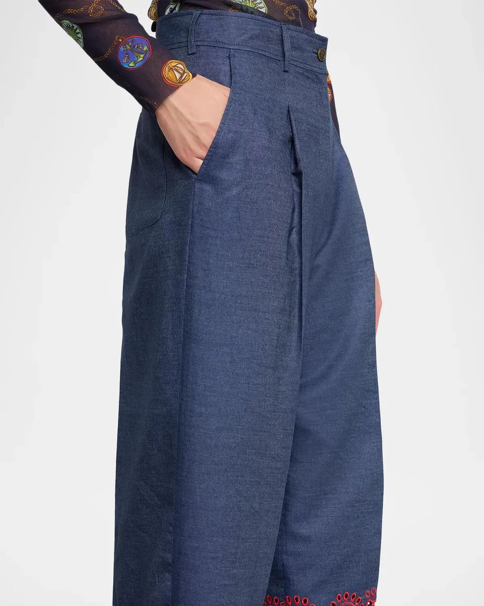 Etro Eyelet Embroidered Chambray Straight-Leg Crop Trousers | Thumbnail 5 Etro Eyelet Embroidered Chambray Straight-Leg Crop Trousers | Thumbnail 5