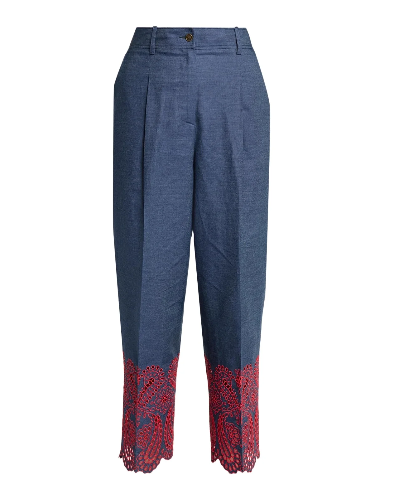 Eyelet Embroidered Chambray Straight-Leg Crop Trousers