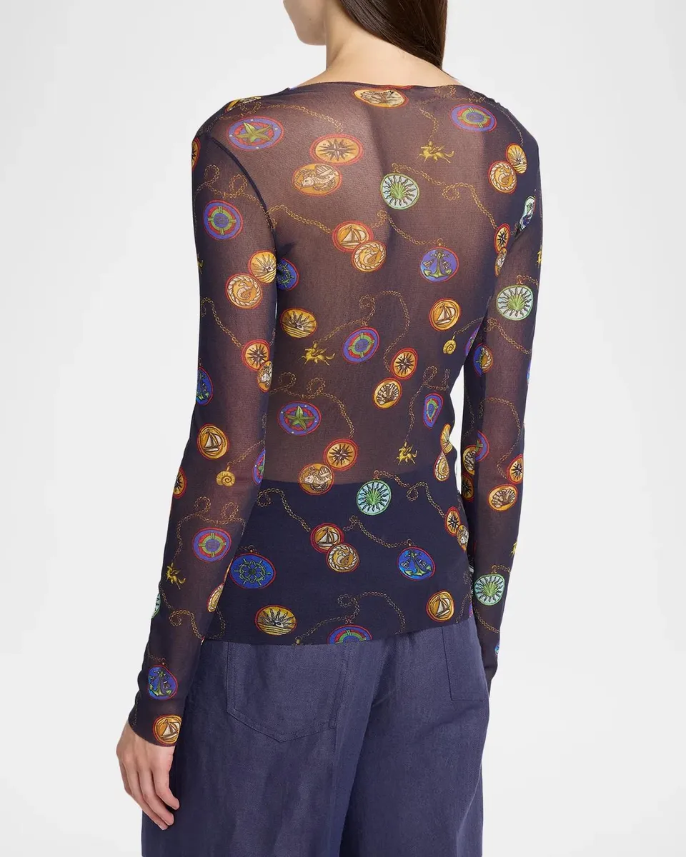Etro Nautical Print Long-Sleeve Sheer Mesh Top | Thumbnail 3 Etro Nautical Print Long-Sleeve Sheer Mesh Top | Thumbnail 3