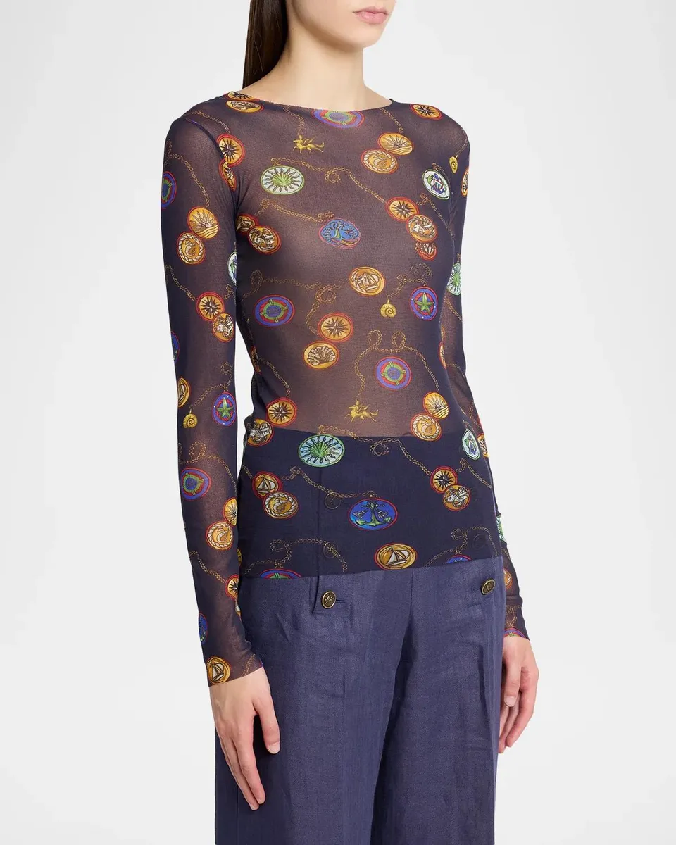Etro Nautical Print Long-Sleeve Sheer Mesh Top | Thumbnail 4 Etro Nautical Print Long-Sleeve Sheer Mesh Top | Thumbnail 4