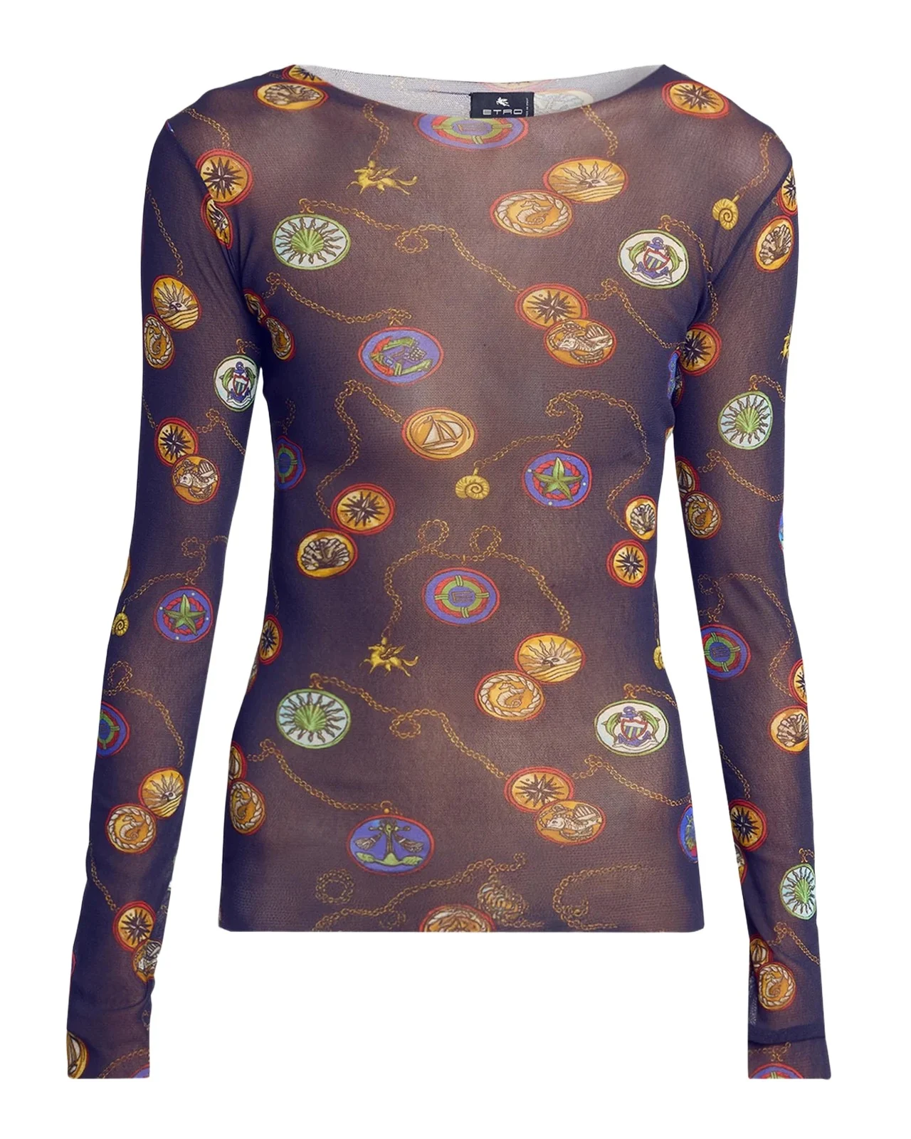Nautical Print Long-Sleeve Sheer Mesh Top Nautical Print Long-Sleeve Sheer Mesh Top