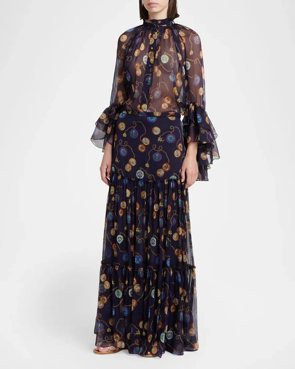 Etro Nautical-Print Silk Chiffon Tiered Maxi Skirt | Thumbnail 2