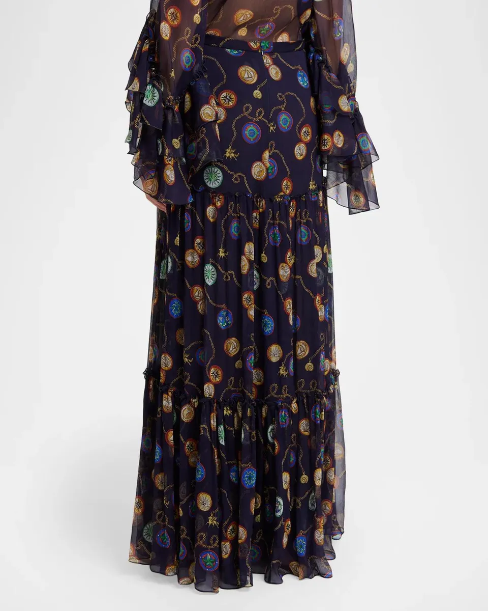 Etro Nautical-Print Silk Chiffon Tiered Maxi Skirt | Thumbnail 3