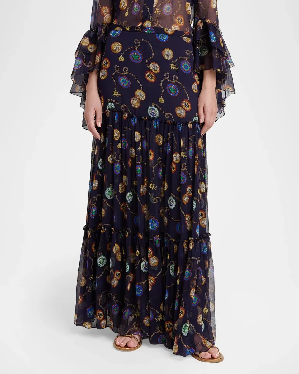 Etro Nautical-Print Silk Chiffon Tiered Maxi Skirt | Thumbnail 4