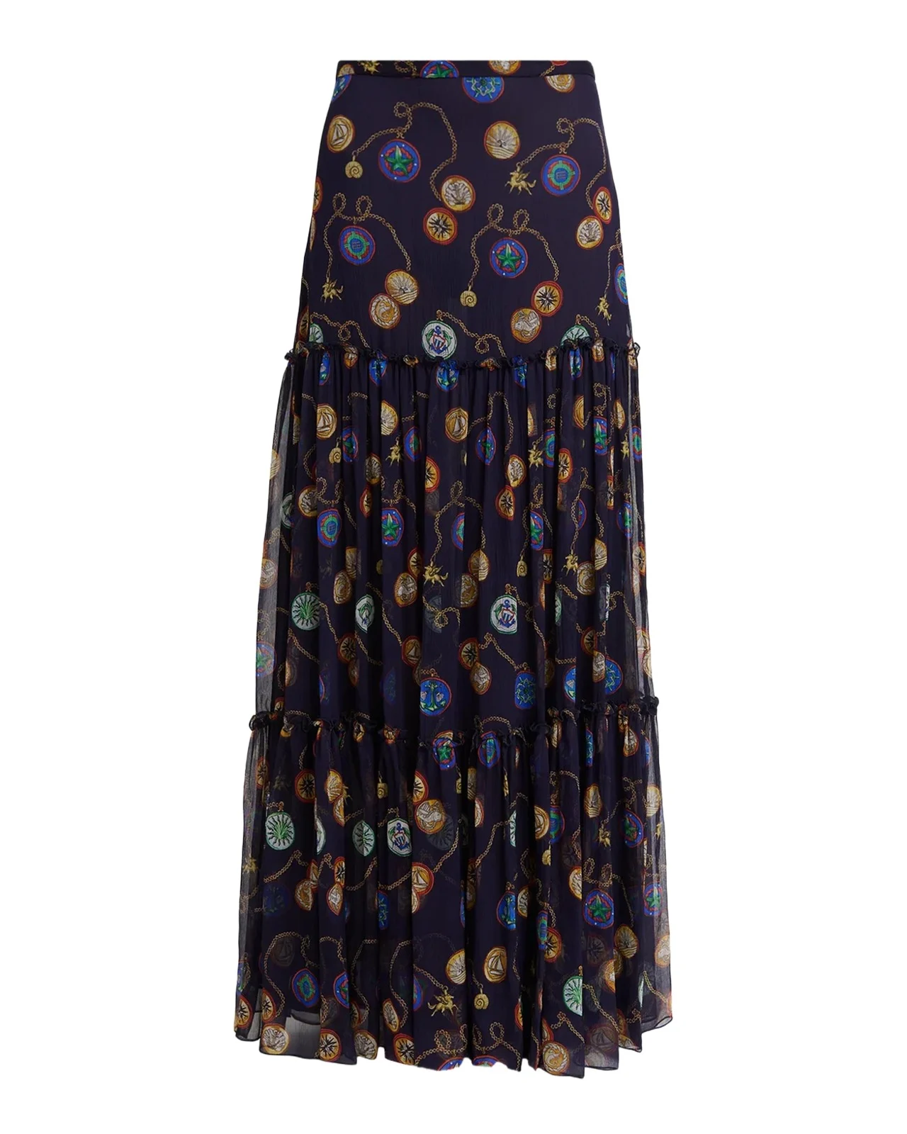 Etro Nautical-Print Silk Chiffon Tiered Maxi Skirt