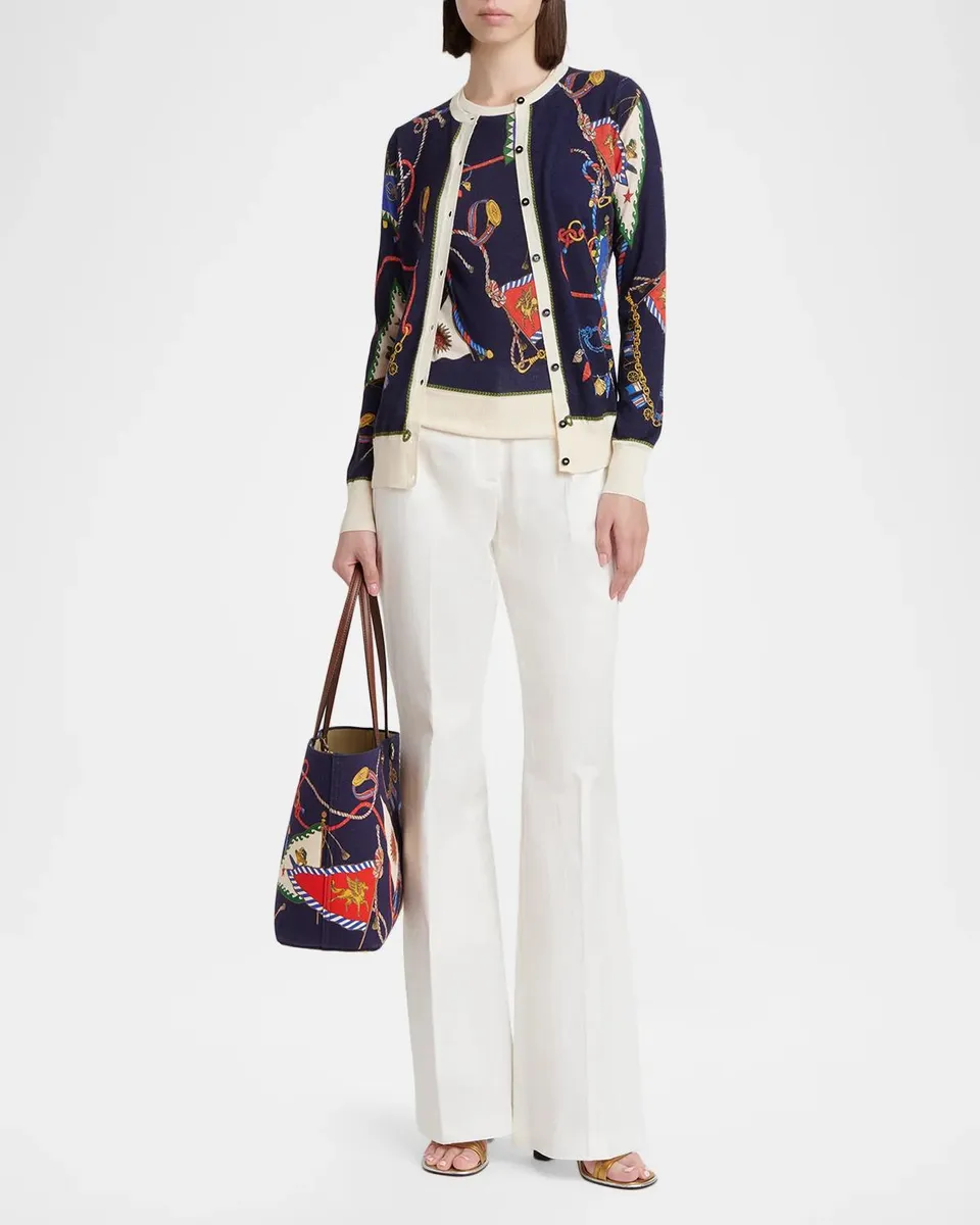 Etro Nautical Print Silk-Cashmere Crewneck Cardigan | Thumbnail 2
