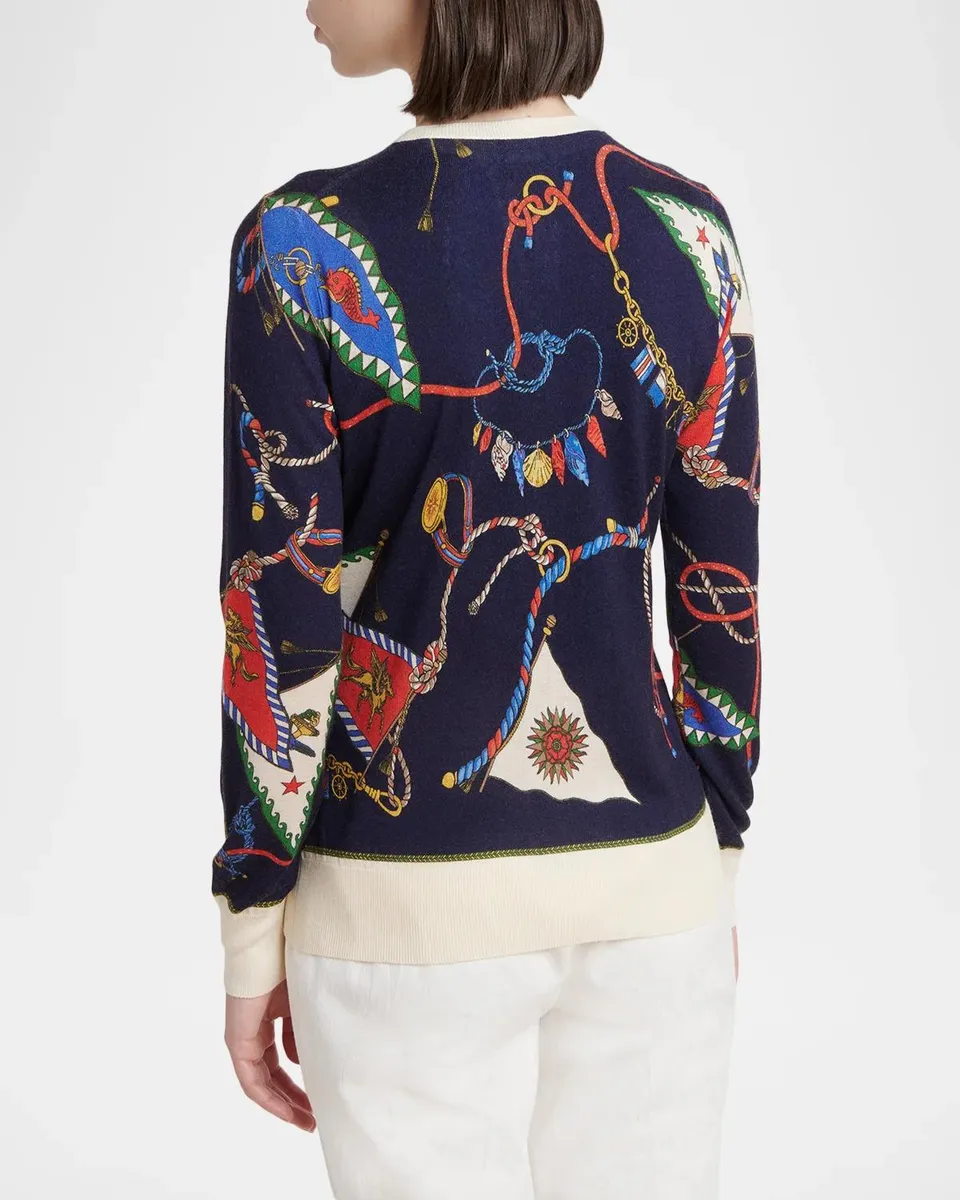 Etro Nautical Print Silk-Cashmere Crewneck Cardigan | Thumbnail 3