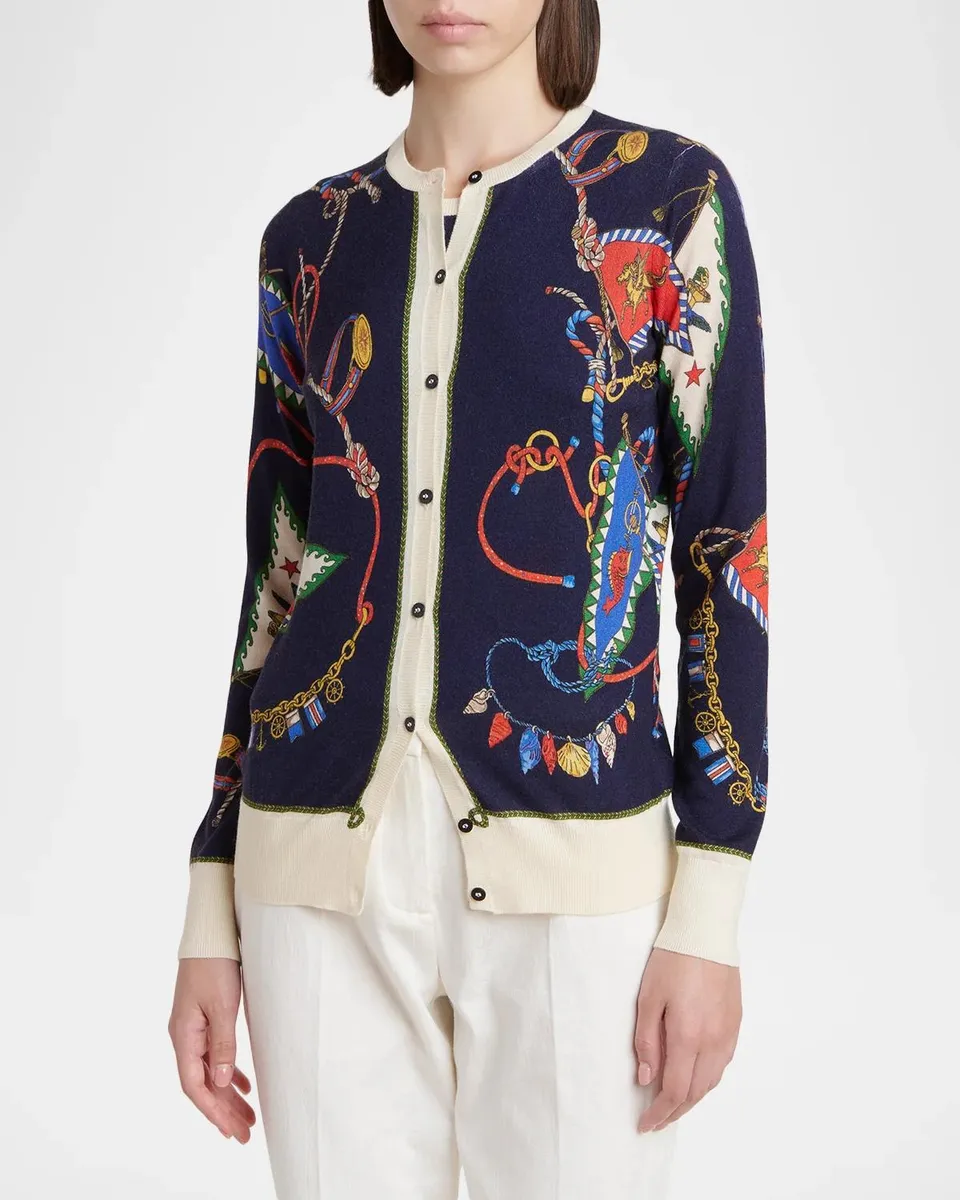 Etro Nautical Print Silk-Cashmere Crewneck Cardigan | Thumbnail 4