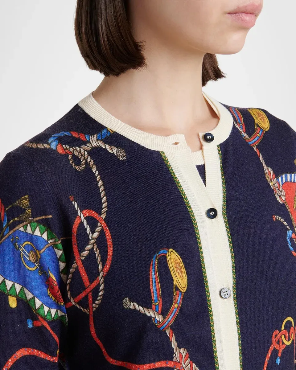 Etro Nautical Print Silk-Cashmere Crewneck Cardigan | Thumbnail 5