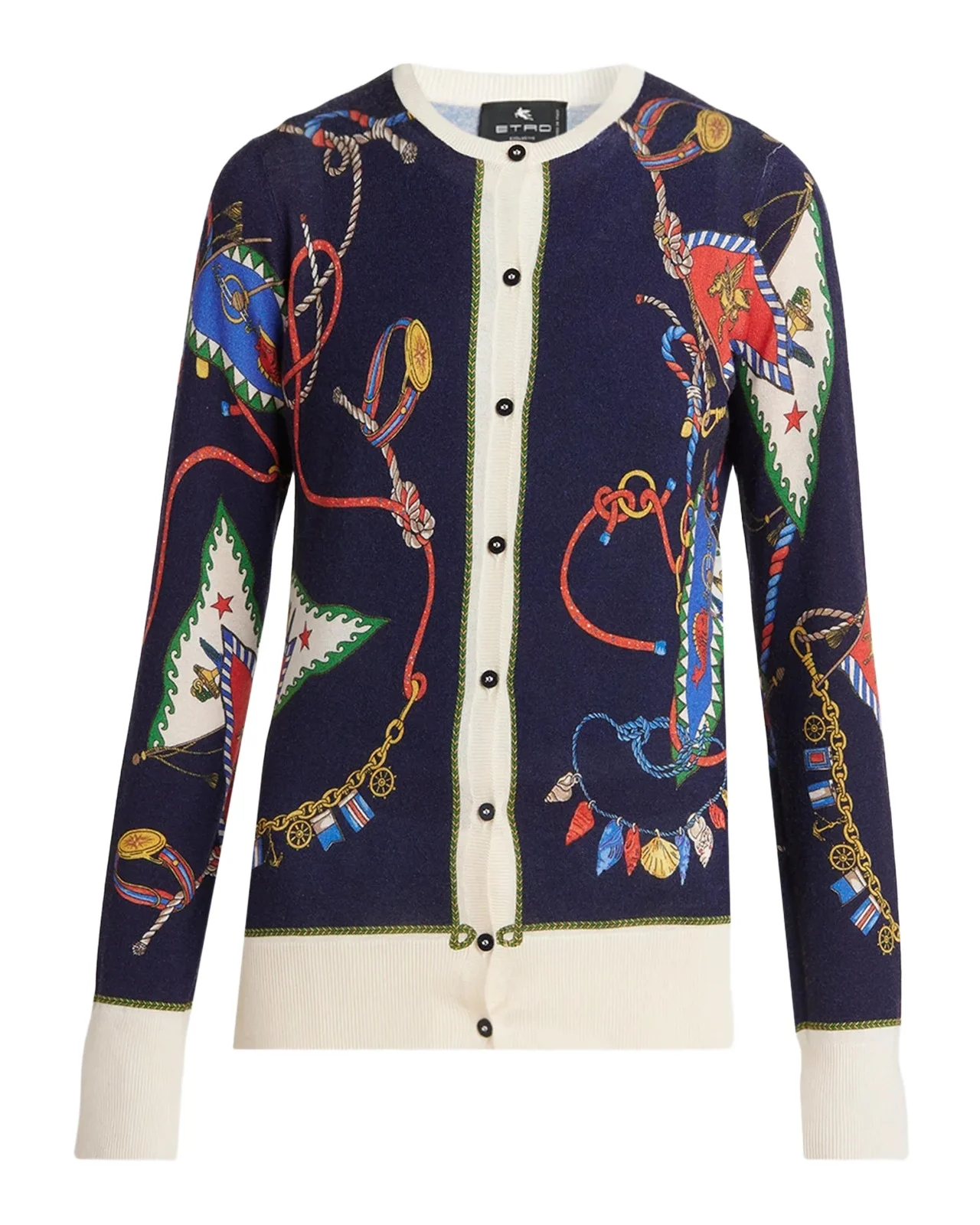 Nautical Print Silk-Cashmere Crewneck Cardigan Nautical Print Silk-Cashmere Crewneck Cardigan