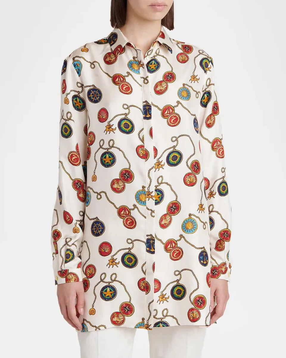 Etro Nautical Print Silk Satin Button-Down Tunic Shirt | Thumbnail 4 Etro Nautical Print Silk Satin Button-Down Tunic Shirt | Thumbnail 4