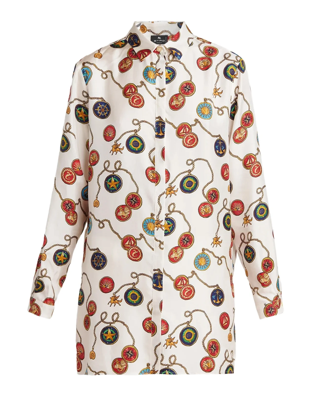 Nautical Print Silk Satin Button-Down Tunic Shirt Nautical Print Silk Satin Button-Down Tunic Shirt