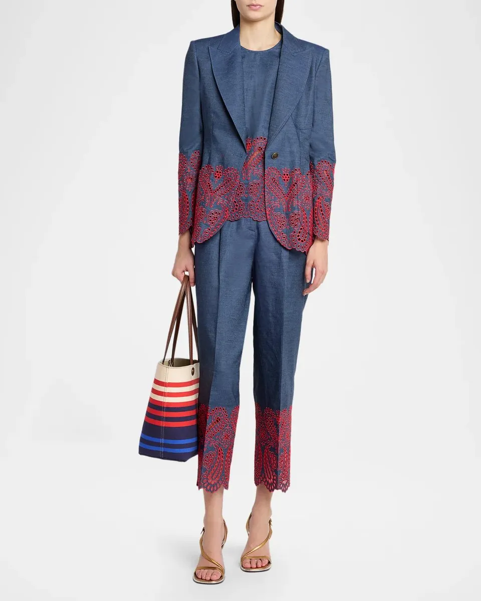 Etro Eyelet Embroidered Chambray Single-Breasted Blazer Jacket | Thumbnail 2 Etro Eyelet Embroidered Chambray Single-Breasted Blazer Jacket | Thumbnail 2