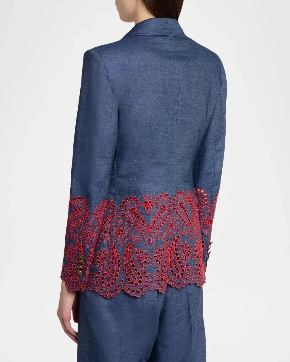 Etro Eyelet Embroidered Chambray Single-Breasted Blazer Jacket | Thumbnail 3 Etro Eyelet Embroidered Chambray Single-Breasted Blazer Jacket | Thumbnail 3