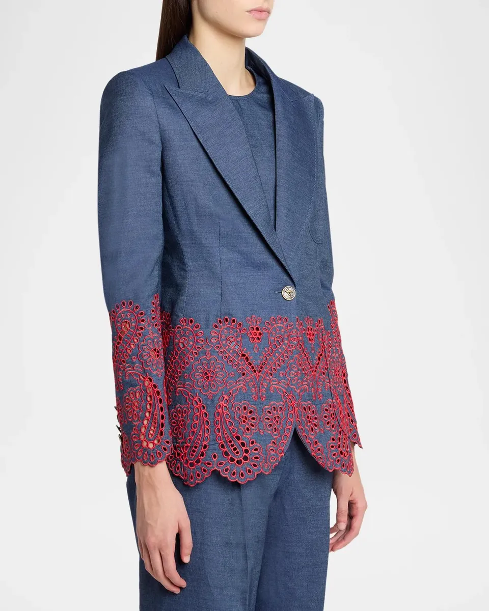 Etro Eyelet Embroidered Chambray Single-Breasted Blazer Jacket | Thumbnail 4 Etro Eyelet Embroidered Chambray Single-Breasted Blazer Jacket | Thumbnail 4