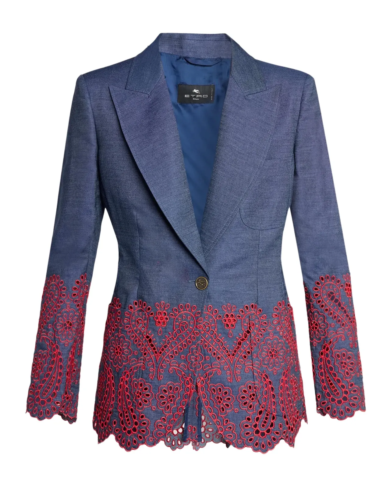 Eyelet Embroidered Chambray Single-Breasted Blazer Jacket Eyelet Embroidered Chambray Single-Breasted Blazer Jacket