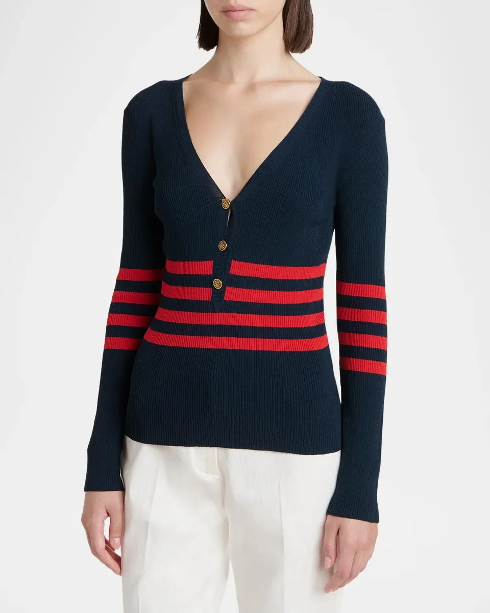 Etro Striped Rib Knit V-Neck Henley Sweater | Thumbnail 4 Etro Striped Rib Knit V-Neck Henley Sweater | Thumbnail 4