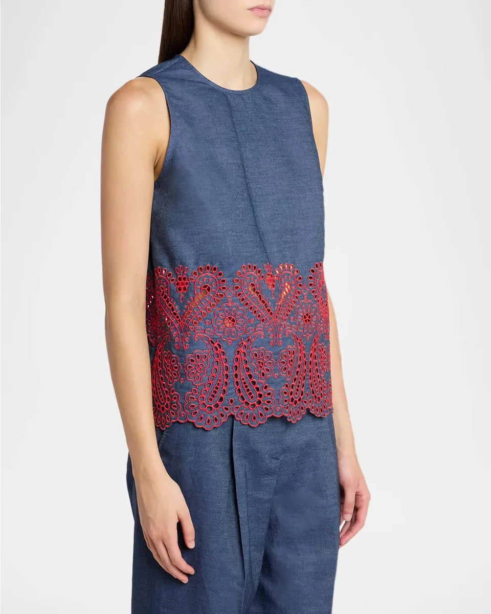 Etro Eyelet Embroidered Chambray Sleeveless Top | Thumbnail 4