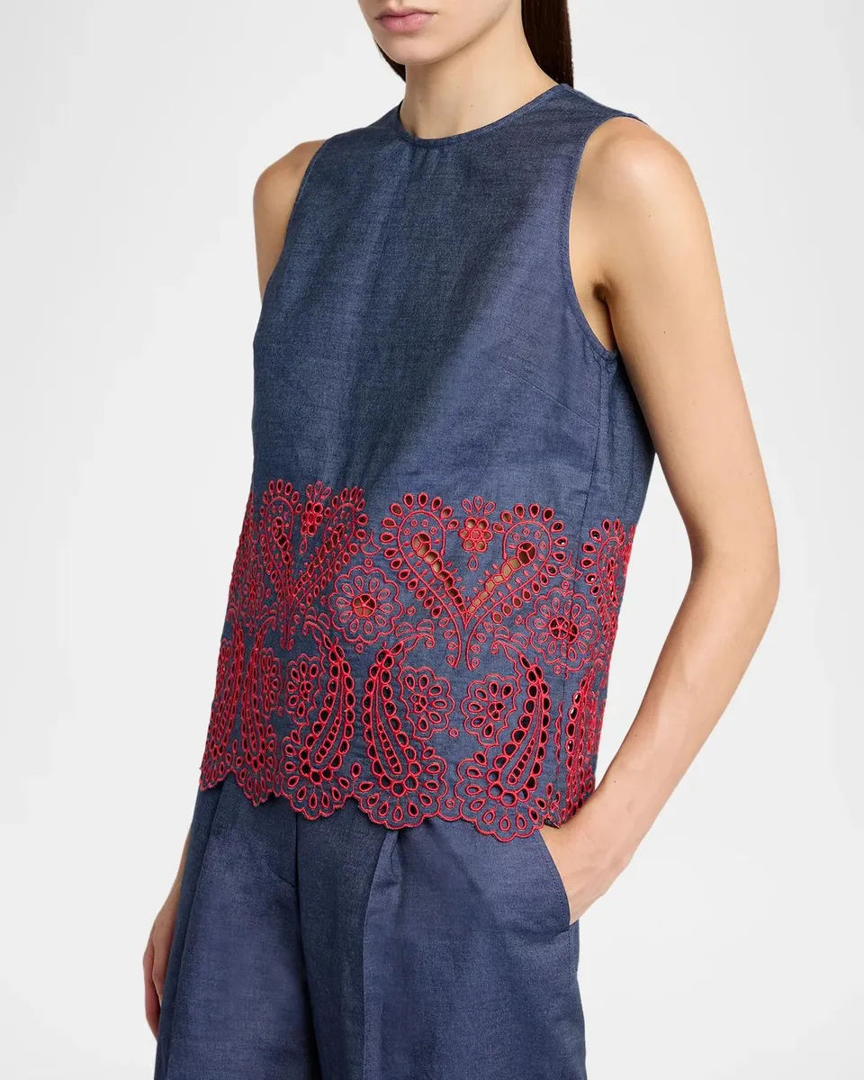 Etro Eyelet Embroidered Chambray Sleeveless Top | Thumbnail 5