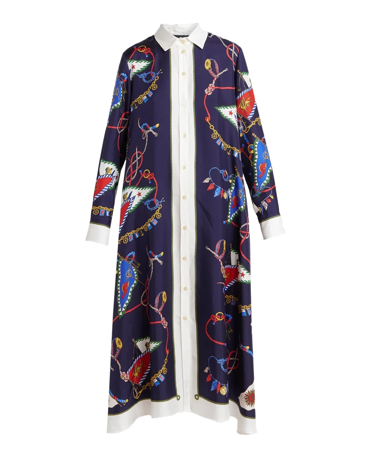 Nautical Print Silk Long-Sleeve Midi Shirtdress Nautical Print Silk Long-Sleeve Midi Shirtdress