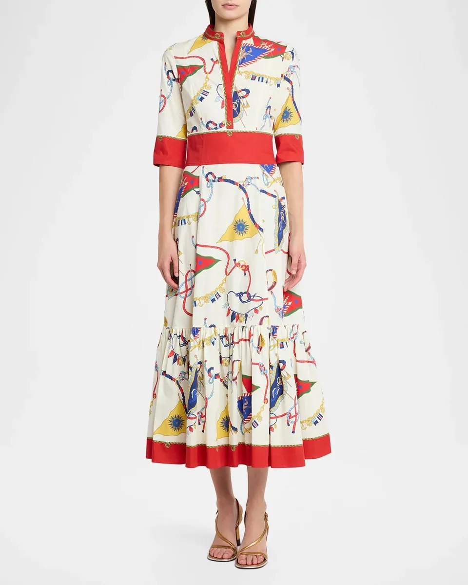 Etro Nautical-Print Cotton Poplin Elbow-Sleeve Midi Dress | Thumbnail 2