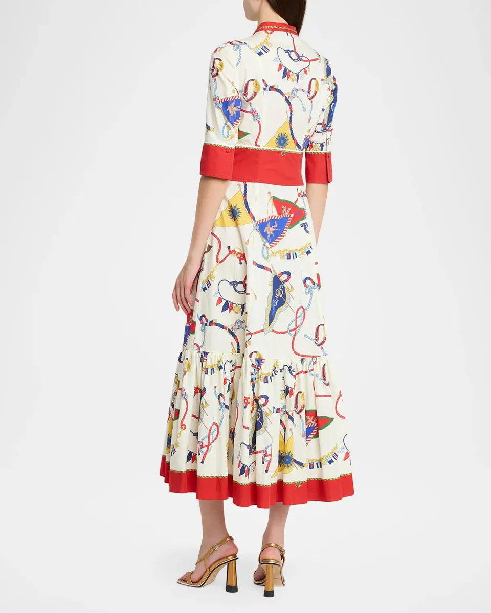 Etro Nautical-Print Cotton Poplin Elbow-Sleeve Midi Dress | Thumbnail 3