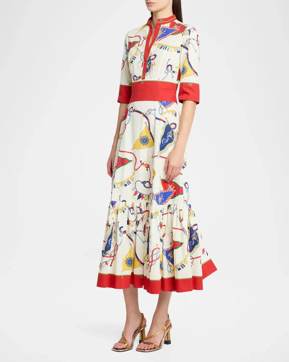 Etro Nautical-Print Cotton Poplin Elbow-Sleeve Midi Dress | Thumbnail 4