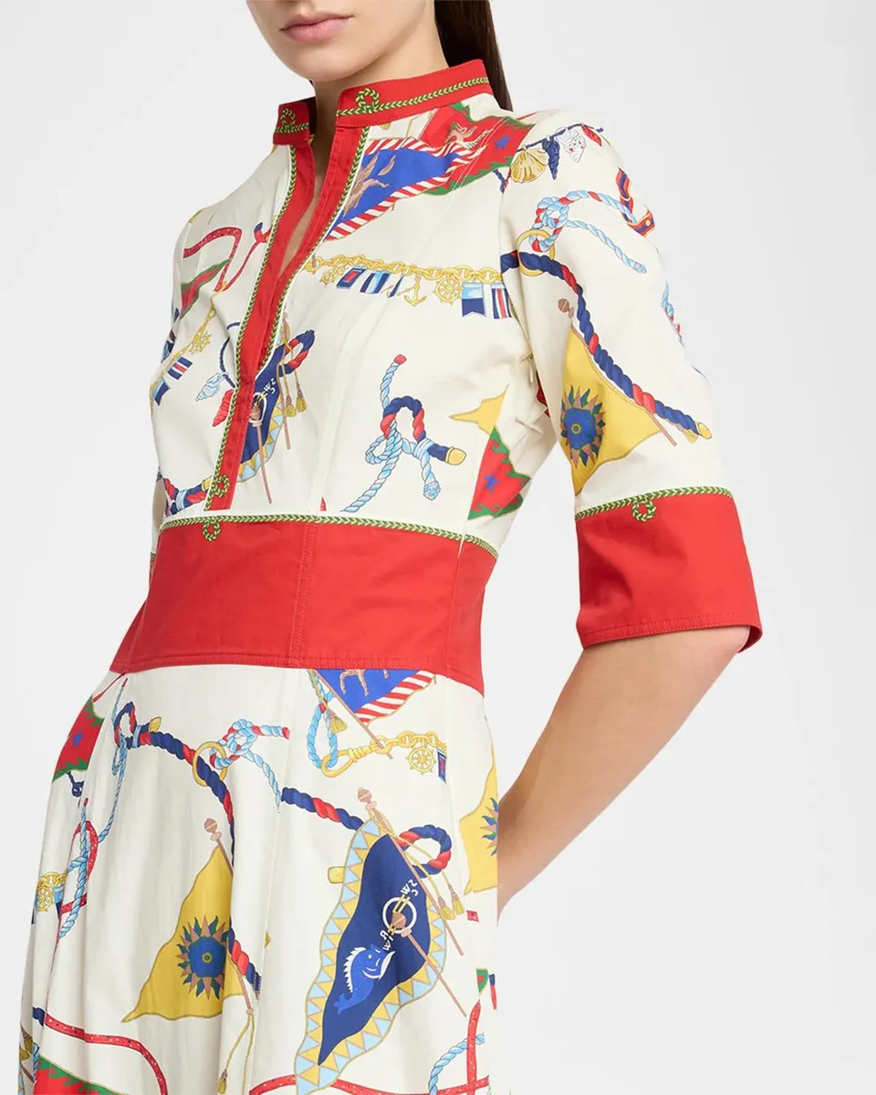 Etro Nautical-Print Cotton Poplin Elbow-Sleeve Midi Dress | Thumbnail 5