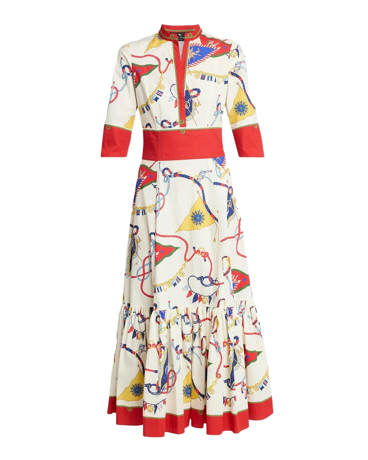 Nautical-Print Cotton Poplin Elbow-Sleeve Midi Dress Nautical-Print Cotton Poplin Elbow-Sleeve Midi Dress