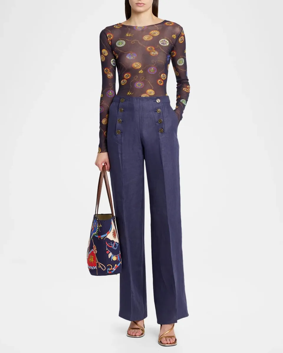 Etro Linen Herringbone Straight-Leg Sailor Trousers | Thumbnail 2 Etro Linen Herringbone Straight-Leg Sailor Trousers | Thumbnail 2