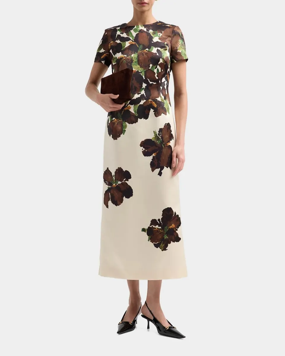 Oscar de la Renta Short-Sleeve Watercolor Iris Print Midi Dress | Thumbnail 2 Oscar de la Renta Short-Sleeve Watercolor Iris Print Midi Dress | Thumbnail 2