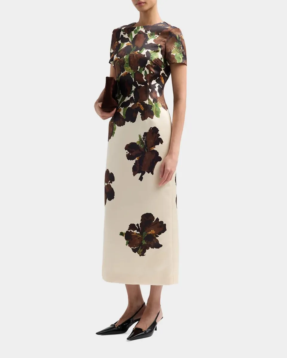 Oscar de la Renta Short-Sleeve Watercolor Iris Print Midi Dress | Thumbnail 6 Oscar de la Renta Short-Sleeve Watercolor Iris Print Midi Dress | Thumbnail 6
