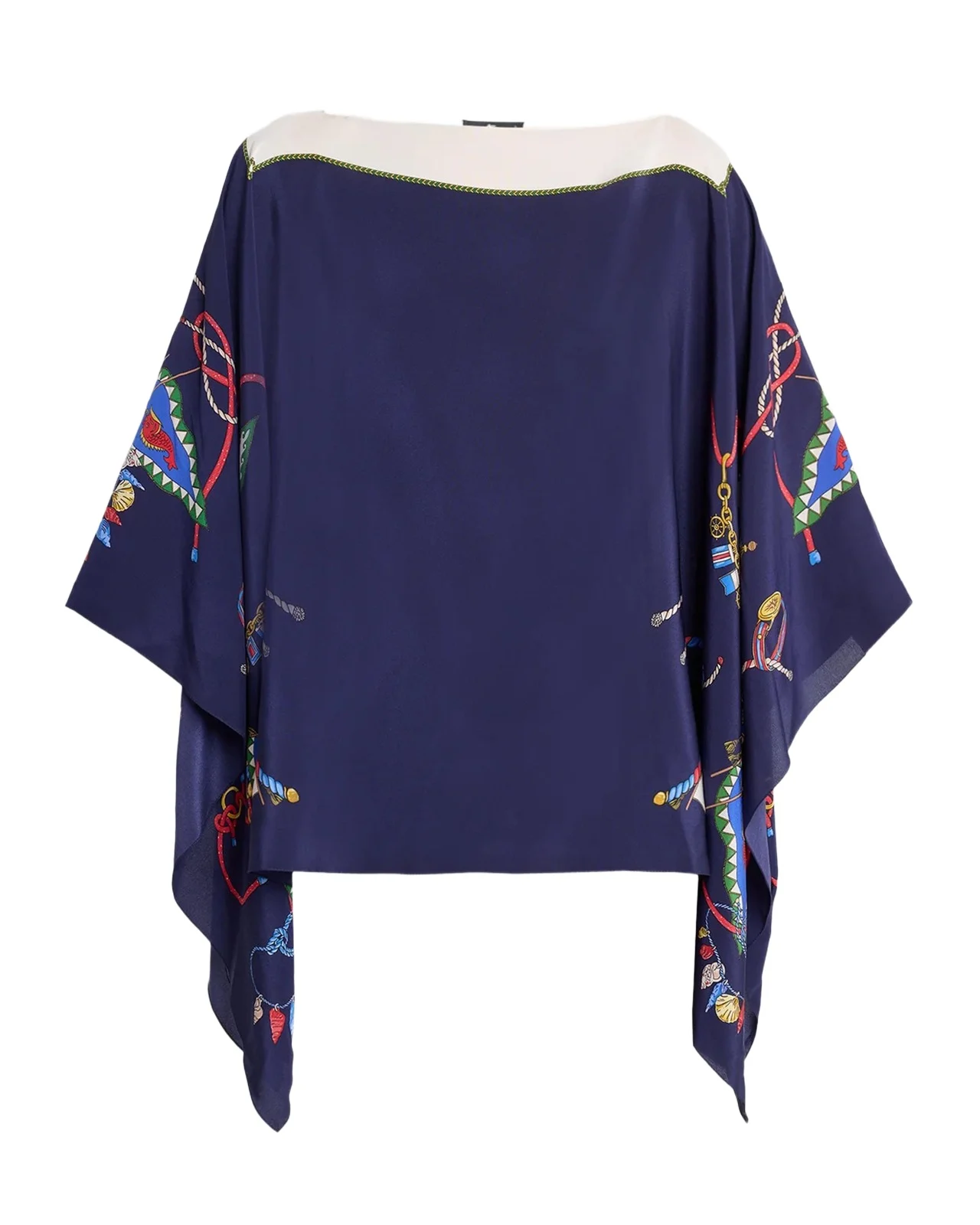 Nautical-Print Silk Handkerchief Poncho Top