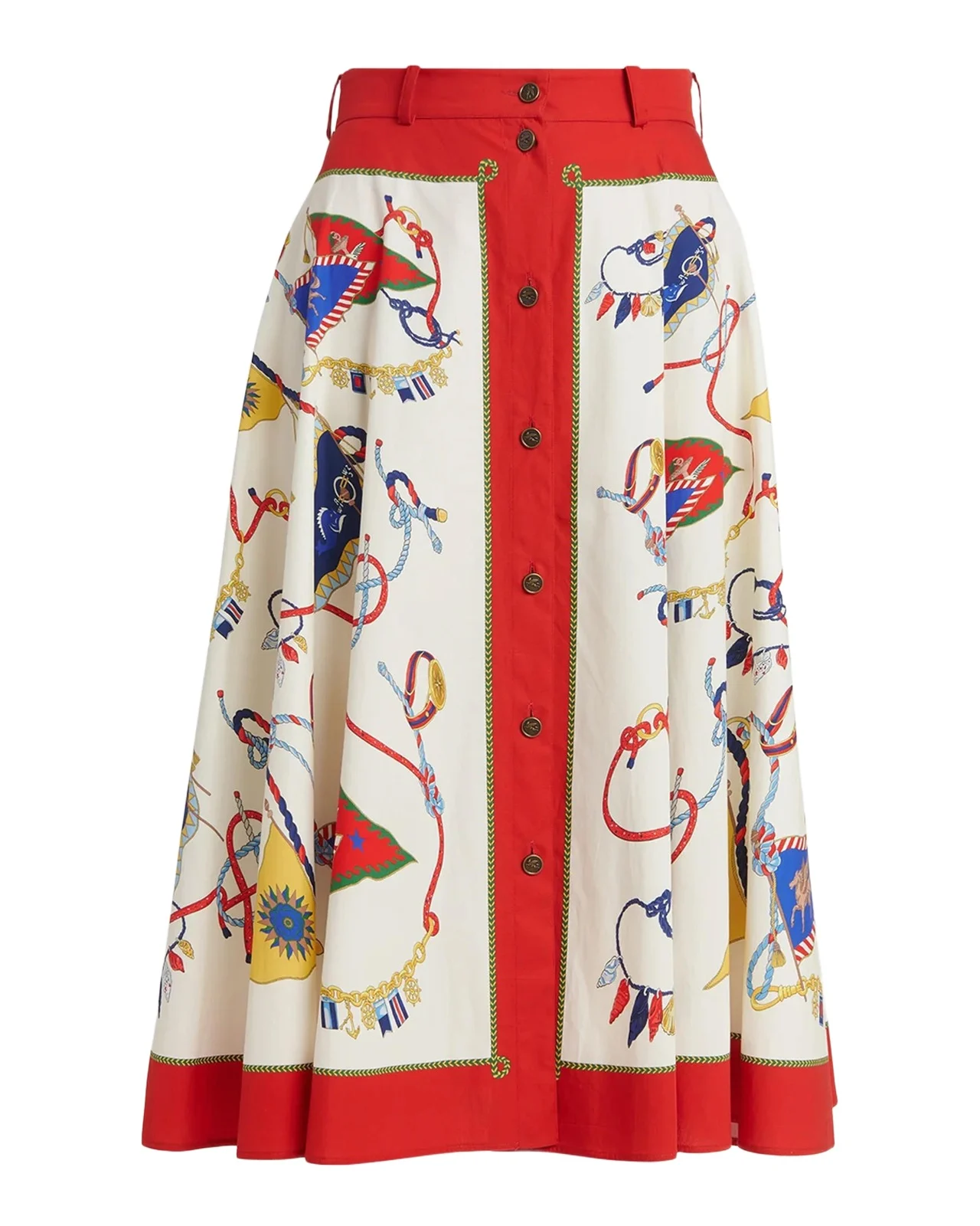 Nautical-Print Cotton Poplin Button-Front Midi Skirt