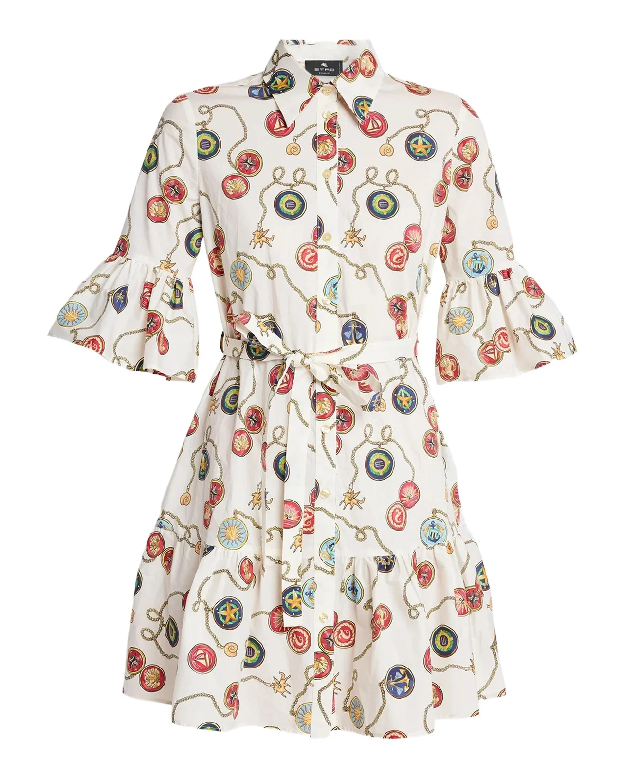 Nautical-Print Cotton Poplin Ruffle Mini Shirtdress With Belt