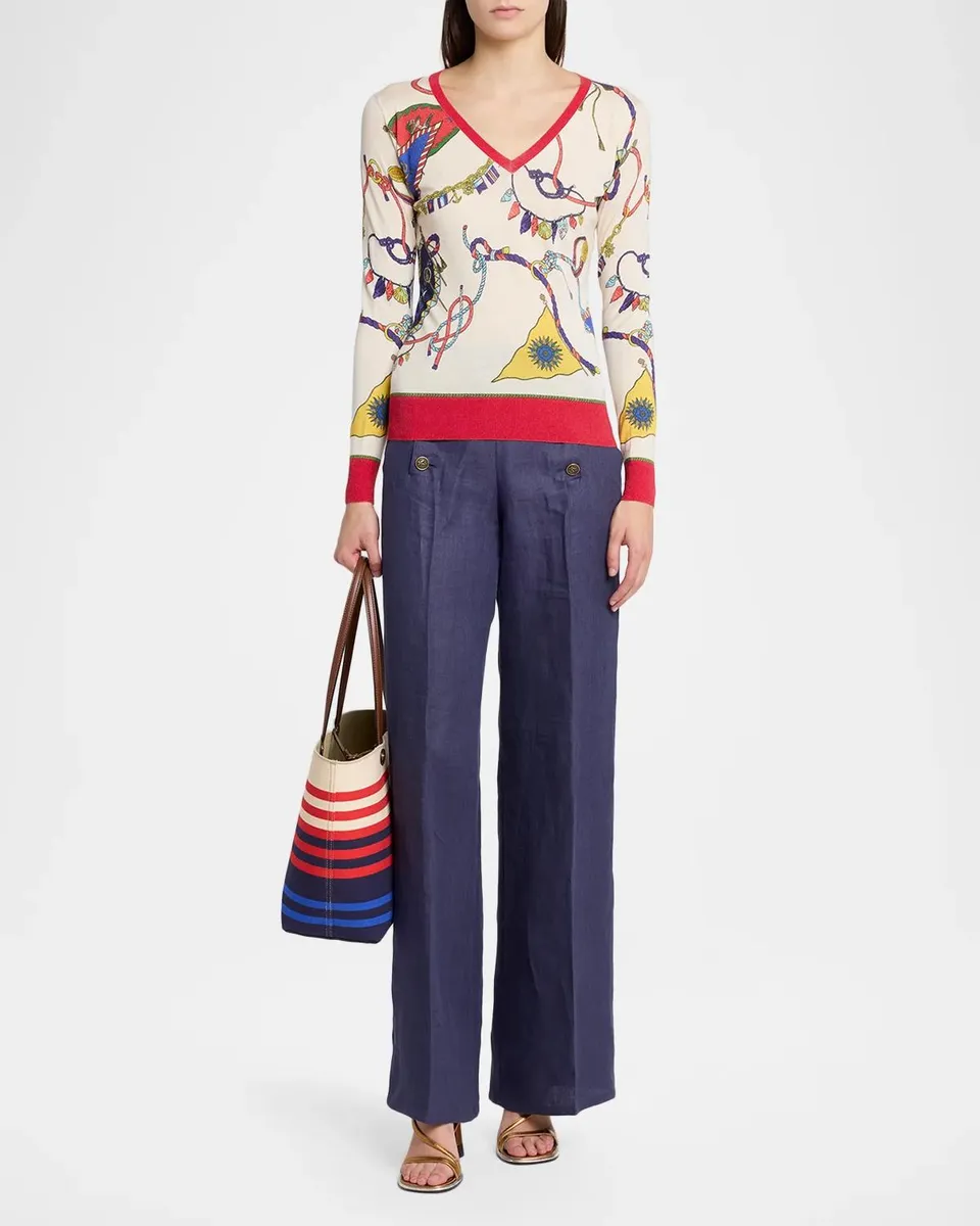 Etro Nautical Print Silk-Cashmere V-Neck Sweater | Thumbnail 2 Etro Nautical Print Silk-Cashmere V-Neck Sweater | Thumbnail 2