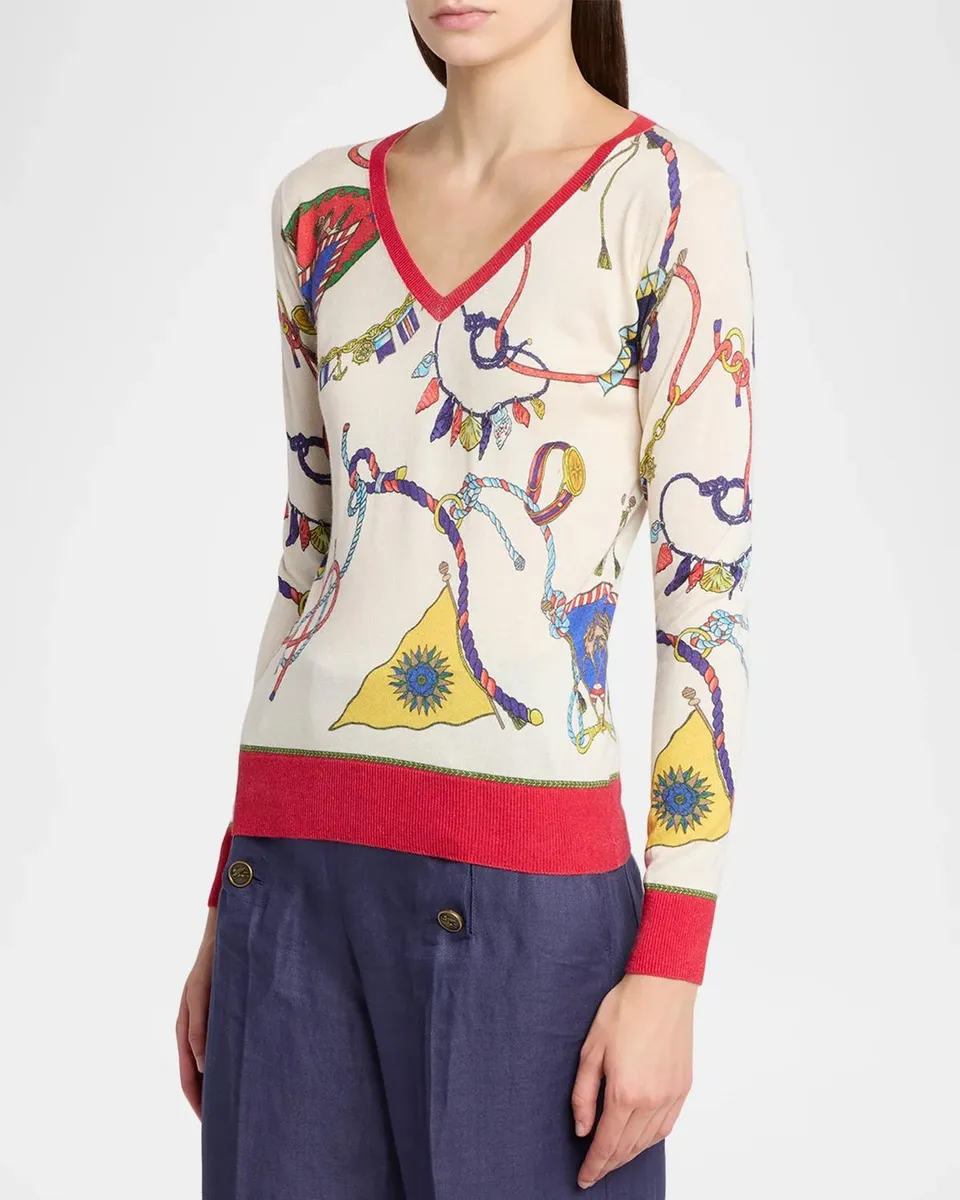 Etro Nautical Print Silk-Cashmere V-Neck Sweater | Thumbnail 4 Etro Nautical Print Silk-Cashmere V-Neck Sweater | Thumbnail 4