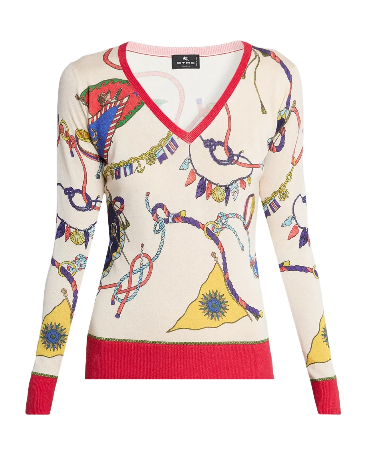 Nautical Print Silk-Cashmere V-Neck Sweater Nautical Print Silk-Cashmere V-Neck Sweater