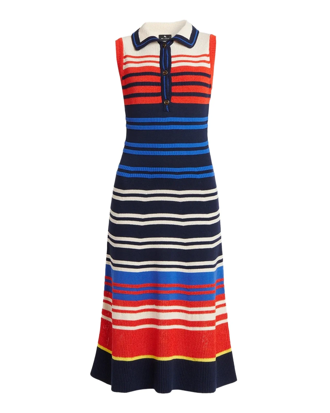 Striped Mixed-Knit Sleeveless Midi Polo Dress