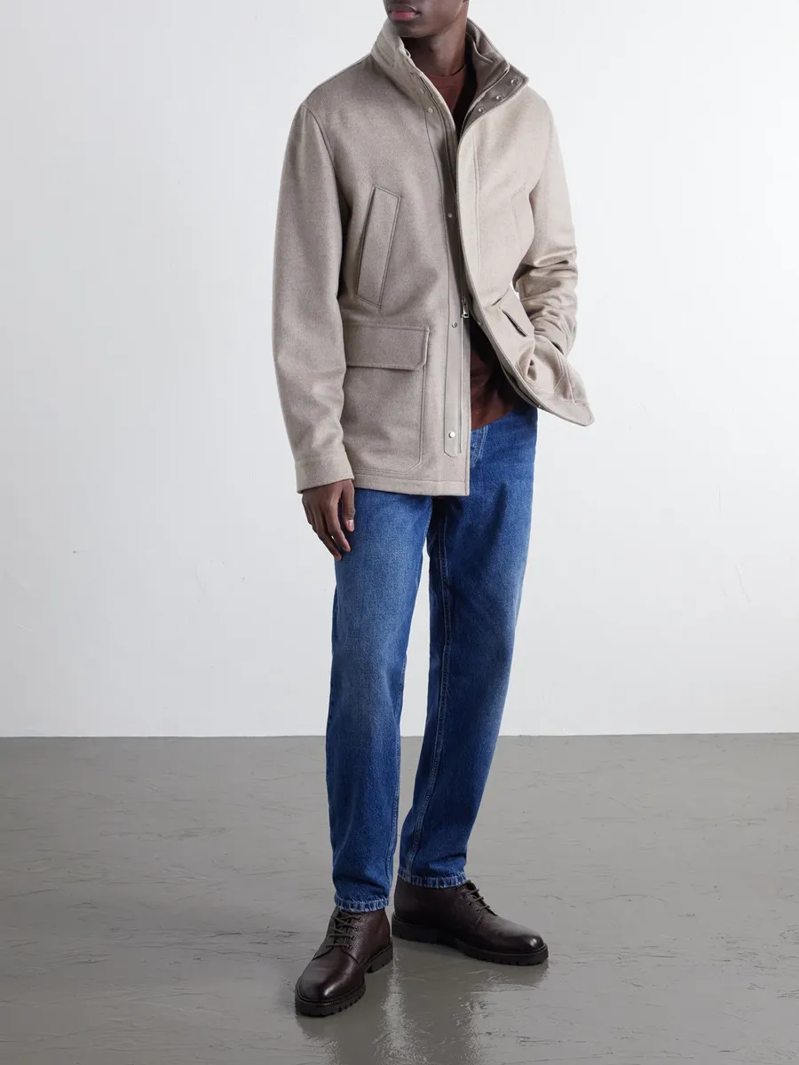 Zegna Hooded Padded Felted Leather-Trimmed Cashmere Coat - Men | Thumbnail 2 Zegna Hooded Padded Felted Leather-Trimmed Cashmere Coat - Men | Thumbnail 2
