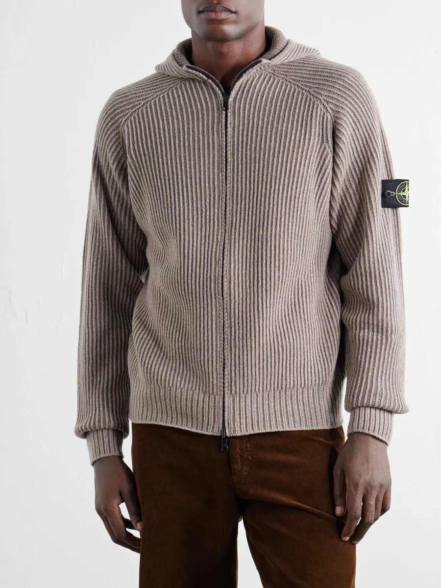 Stone Island Ribbed Cashmere and Wool-Blend Zip-Up Hoodie - Men | Thumbnail 3