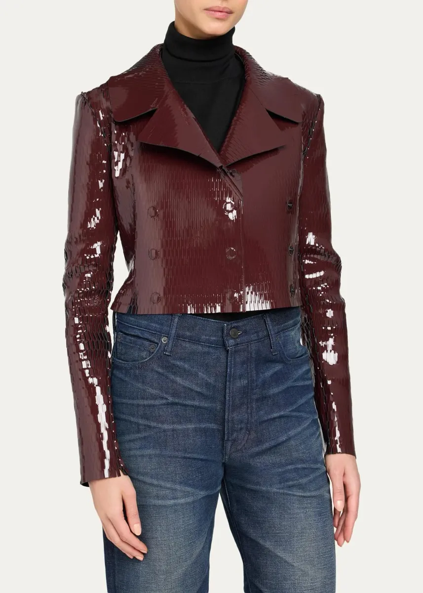 Tom Ford Perforated Patent Leather Crop Double-Breasted Jacket | Thumbnail 4 Tom Ford Perforated Patent Leather Crop Double-Breasted Jacket | Thumbnail 4
